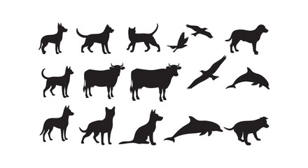 Fototapeta premium Assortment of black animal and bird silhouettes featuring dogs, cats, cows, eagles, and dolphins on white background.