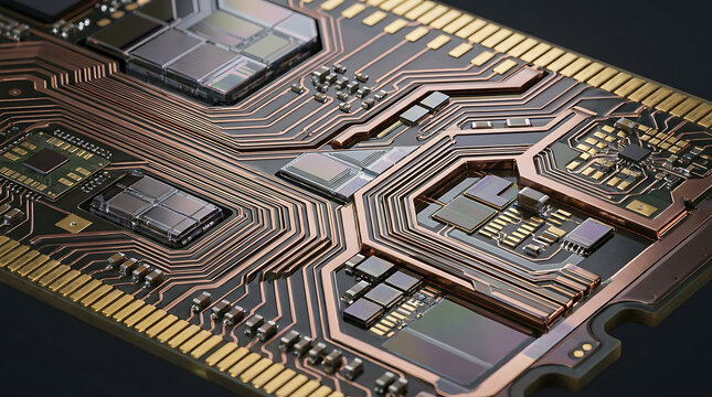 Detailed Close-up of RAM Module Circuit Pathways and Integrated Microchips