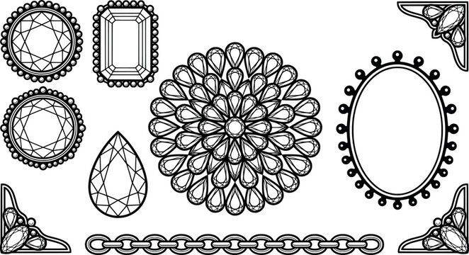 Set of luxury jewelry elements, gemstone frames, and decorative borders transparent background