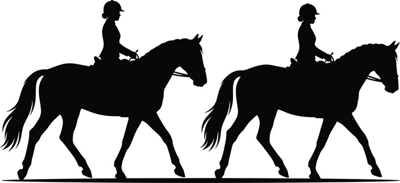 Horse riding silhouettes featuring female equestrians trotting on stallions vector icons for dressage and jockey competition