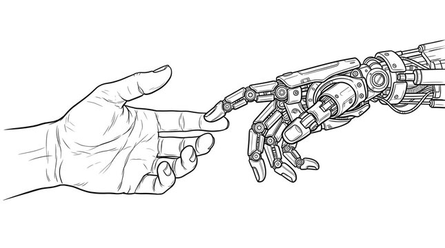 Futuristic line art illustration of human hand touching robot hand, robotic arm and human finger connection, artificial intelligence concept sketch