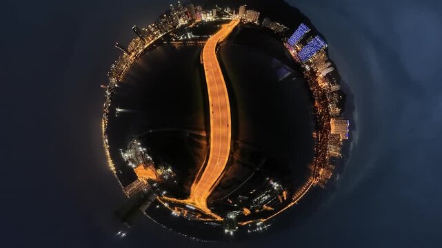This stunning tiny planet a lively urban night scene featuring a brightly illuminated highway at Andaman Island