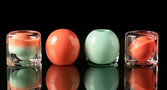 Glossy pastel spheres and glass cubes arranged on reflective black surface.

