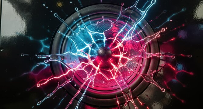 Electric plasma core with neon energy arcs for futuristic technology background.

