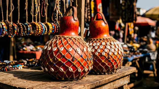 African calabash gourds with cowrie shells. Traditional handmade instruments at a market.