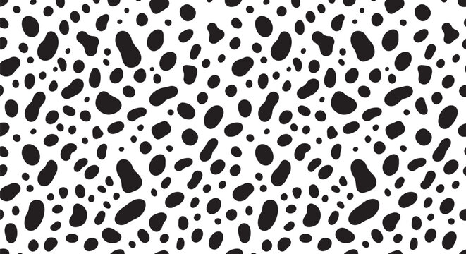 Seamless pattern of irregular black organic shapes and spots on a white background, repeating dalmatian or animal print texture