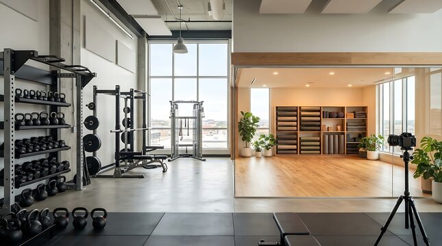 Modern home gym interior with exercise equipment and bookshelf