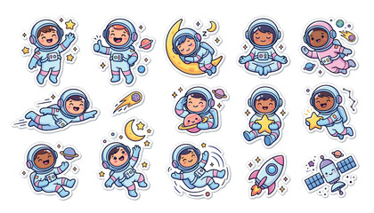 Set of cute cartoon astronauts in space, funny cosmonauts characters floating, sleeping on moon, meditating, holding stars, rocket and satellite © Siam