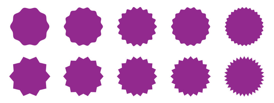sunburst and starburst sticker shapes collection, Vibrant rounded zigzag badges, spiky circles and sunburst price tags, discount and sale labels, special offer promo tags and geometric seals.