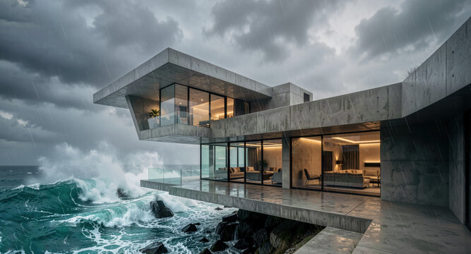 Dramatic concrete cliff house overlooking stormy ocean waves.

