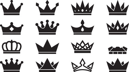 Set of sixteen black crown various royal headgear silhouettes including pointed, rounded, and geometric shapes arranged in a grid on a white background © PixelSaga MH2 