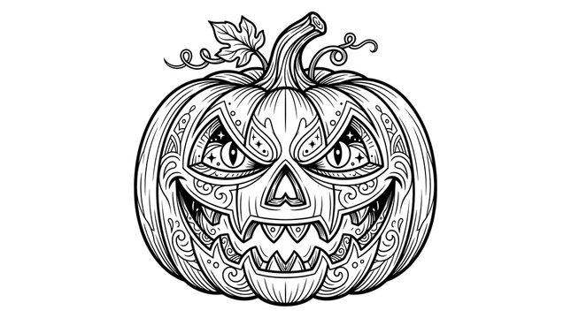 Intricate Halloween pumpkin coloring page, detailed jack-o-lantern line art with ornate patterns, spooky holiday vegetable illustration for adults