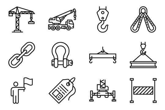 Construction lifting equipment black and white line art icon set vector graphics for industrial design