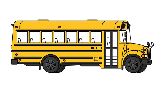 Yellow school bus illustration, classic American student transport vehicle, side view of a traditional yellow bus on white background