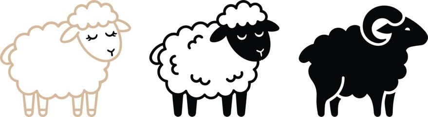 Cute sheep and ram vector icons set featuring outline line art, black face lamb, and horned ram silhouette © MDSabbir