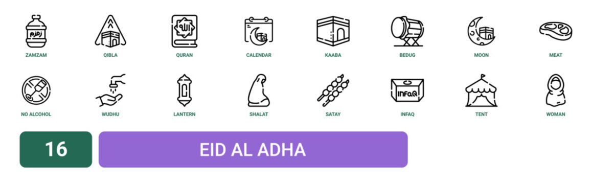 Set of 16 outline web Eid Al Adha icons such as woman, tent, infaq, satay, shalat, lantern, wudhu vector icons for report, presentation, diagram, web design, mobile app