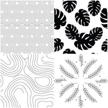 Black and white leaf and geometric patterns