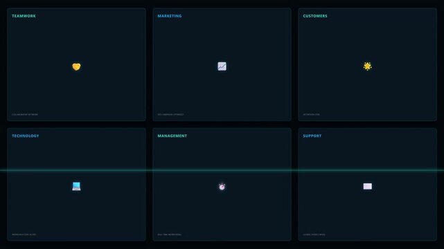 Modern minimalist dark mode UI design template with six grid blocks and icons