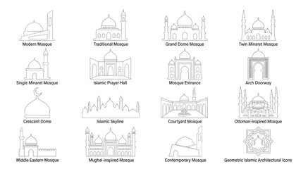 Set of islamic mosque architectural icons, line art style, featuring various traditional and modern building designs, domes, minarets, and arches © Siam