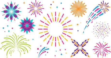 Colorful geometric firework shapes and festive celebration abstract vector graphics © MSTRUBINA
