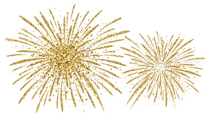 Naklejka premium Golden glitter fireworks explosion, sparkling gold dust pyrotechnics, festive holiday celebration bursts for New Year and luxury events isolated PNG with Transparent Background