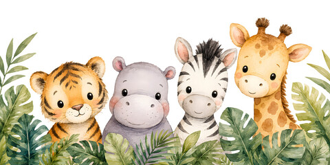 Obraz premium Friendly tiger, hippopotamus, zebra, and giraffe gathered behind lush tropical plants in a soft watercolor safari scene with curious faces, framed by layered tropical foliage.
