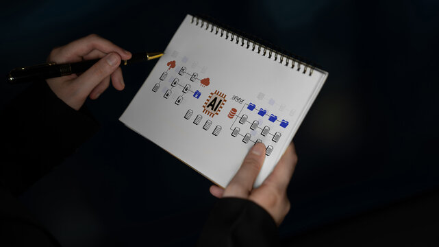 Creative Process of Abstract Ideas Illustrated in Sketchbook with Diverse Symbols and Notes by Anonymous Artist Holding a Pen. Glyphic.