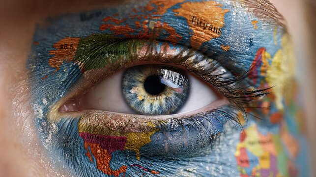 Close-up of human eye with colourful world map painted across face, symbolizing global connection, diversity, and international unity