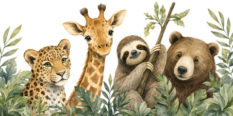 Obraz premium Lovely leopard, tall giraffe, sleepy sloth, and friendly bear framed by loose tropical branches in a peaceful watercolor forest portrait, framed by layered tropical foliage.