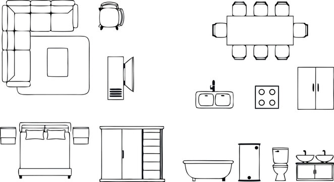Top View Furniture Blueprint Icon Set with Bed Sofa Table and Bathroom Fixtures for Architectural Layouts Interior Design House Floor Plan Vectors