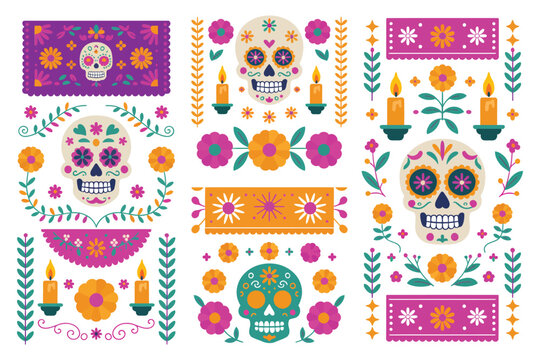 Traditional dia de los muertos decorative with sugar skulls marigolds and candles for mexican cultural celebration and festive