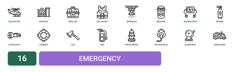 Obraz premium Set of 16 outline web Emergency icons such as ambulance, alarm bell, oxygen mask, fire hydrant, fire extinguisher, axe, lifebuoy vector icons for report, presentation, diagram, web design, mobile app