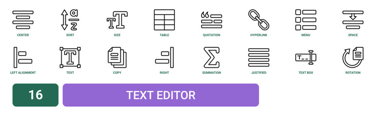 Obraz premium Set of 16 outline web Text Editor icons such as rotation, text box, justified, summation, right alignment, copy, text vector icons for report, presentation, diagram, web design, mobile app