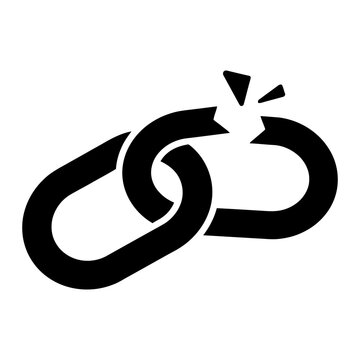 Broken chain link solid glyph icon for unlinked connection. Vector illustration.