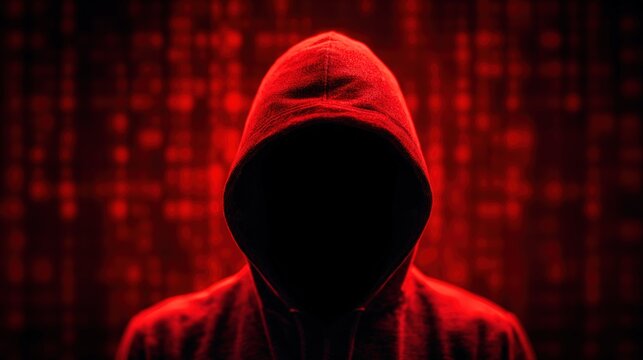 A hooded figure in red stands against a digital red background, symbolizing anonymity and cyber threats.