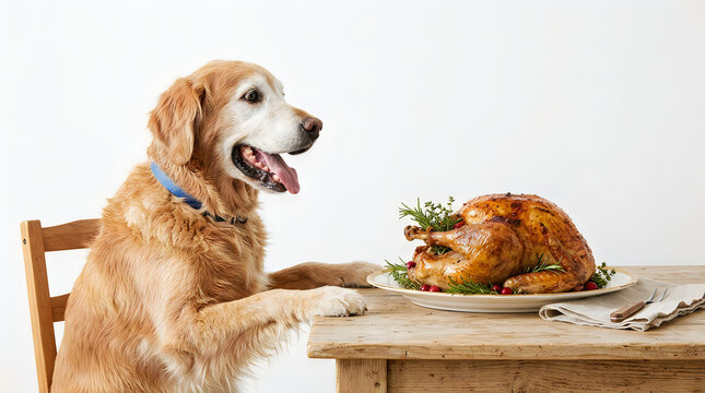 Golden retriever dog sitting at table with turkey dinner