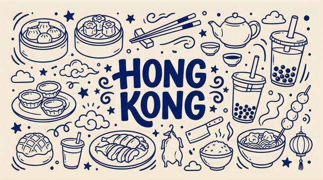 Hong Kong food doodle illustration. Asian cuisine icons with dim sum and bubble tea.