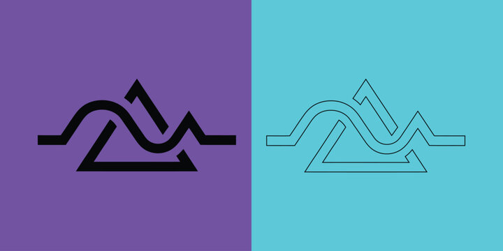 Abstract triangle and wave symbol in solid black and outline versions on purple and light blue split backgrounds