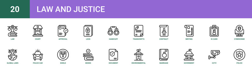 Set of 20 outline web Law and Justice icons such as police, cctv, goverment, marriage, Environmental, document, books vector icons for report, presentation, diagram, web design, mobile app © Mia