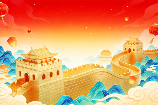 Golden Great Wall With Red Gradient Sky And Floating Lanterns