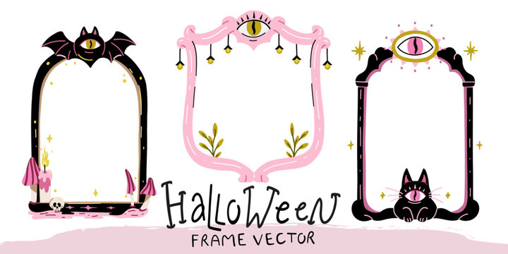 Vector illustration of spooky gothic frames and witchy borders clipart set. Halloween vintage layout bundle with black cat, vampire bat, creepy eyes, and empty copy space.