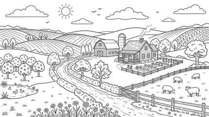 Fototapeta premium A simple black and white illustration of a rural landscape with hills, a farmhouse, trees, and a winding path