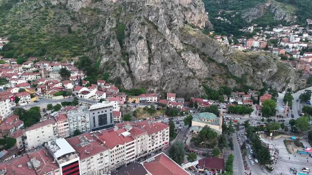 Breathtaking Drone View of Amasya Nestled Between Mountains and the Yeşilırmak Valley