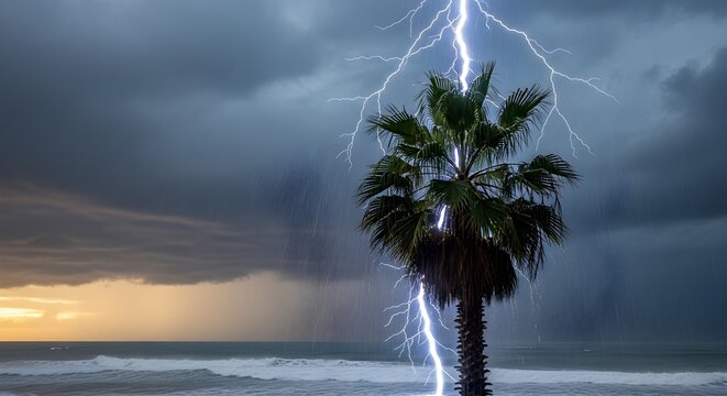 Dramatic lightning strike illuminates palm tree during coastal storm