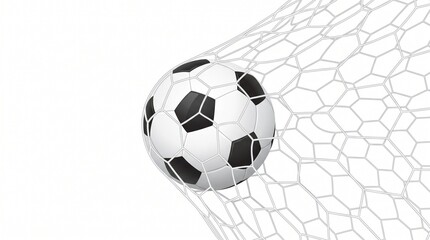 Fototapeta premium Classic black and white soccer ball hitting the white mesh of a goal net during a professional match with bright lighting on a clean and simple isolated white background