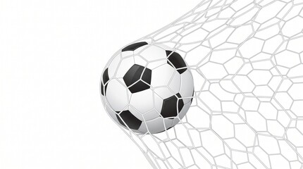 Fototapeta premium Classic black and white leather soccer ball hitting the white mesh netting of a goal during a professional match while captured from a side angle with bright studio lighting