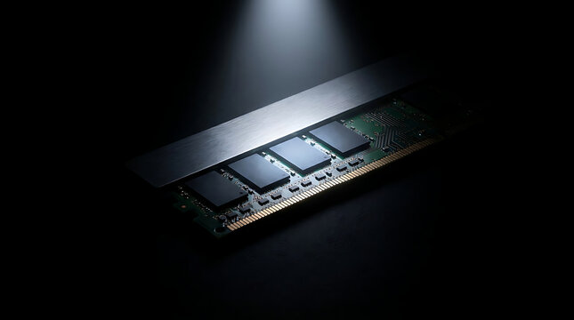 Macro Close-Up of a High Performance Computer Memory RAM Module Under Dramatic Studio Lighting on a Dark Background