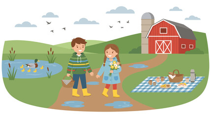 Fototapeta premium Two kids going for a picnic on a farm with a barn and ducks.