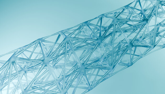 Translucent geometric structure creates modern, abstract design with intricate patterns and calming blue hue
