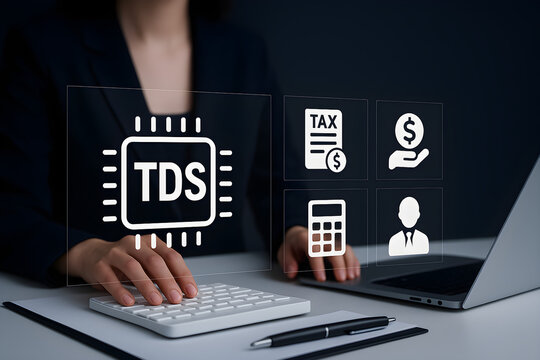 TDS Tax Deducted at Source - Corporate accountant calculating government tax deductions on laptop